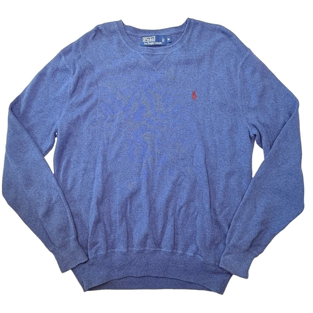 Polo Ralph Lauren Mens M Blue Knit Crewneck Sweater Red Pony Logo Preppy